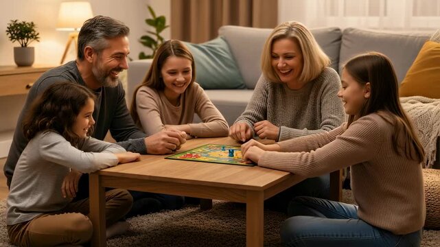 Family game night: Parents and kids enjoying board game at home. Quality time, bonding, and entertainment for multi-generational family. Cozy living room setting.