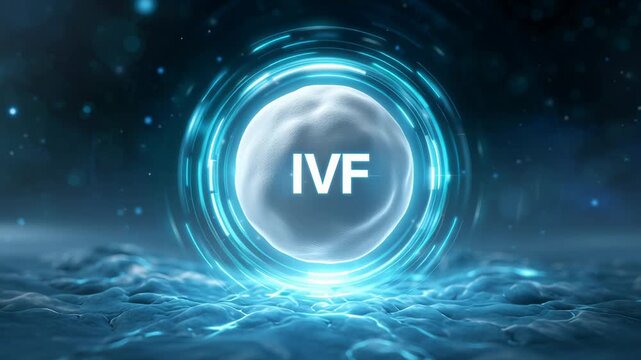 Concept illustration with IVF as the central text, blending science and technology to represent in vitro fertilization advancement.