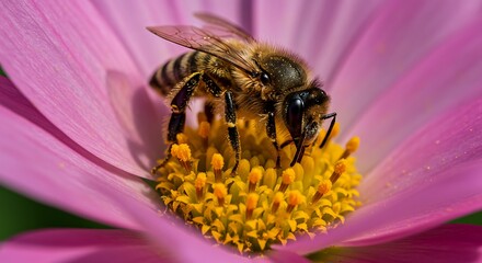 Honeybee gathers pollen on a bright pink cosmos flower blossom