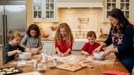 Multi-ethnic family baking together in kitchen. Children and adults making cookies. Holiday tradition, family bonding, and culinary education concept.