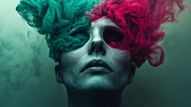 A haunting portrait with ashen skin and a cloudburst of swirling magenta and emerald tones replacing the upper face, realistic lighting and texture.