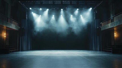 Empty Theater Stage: A theatrical stage bathed in an ethereal glow of spotlights, inviting anticipation and the promise of performance, the scene is a symbol of creativity and entertainment