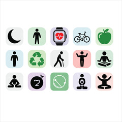 Assorted health and wellness icons arranged in a grid on white background