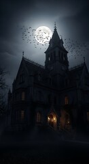 Haunted House at Night with Moon and Bats