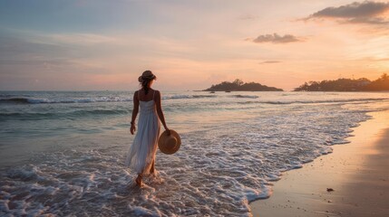 Woman Strolling on a Serene Beach at Sunset