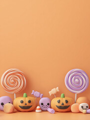 Fototapeta premium Halloween candy assortment with pumpkins and lollipops