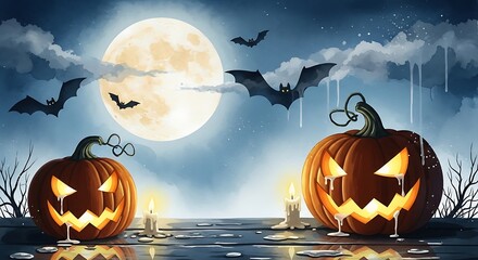 Halloween Pumpkin Bat Moon Landscape