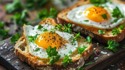 Two Slices of Toast with Fried Eggs – Intact Yolks, Crispy Egg White Edges, Topped with Black Pepper and Parsley Flakes, Perfect for Breakfast Displays and Culinary Photography