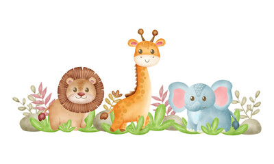 Naklejka premium Watercolor Illustration Set of Safari Animals and Nature Elements. Cute baby safari animal faces vector illustration. Watercolor Illustration Woodland Animals and Nature Elements