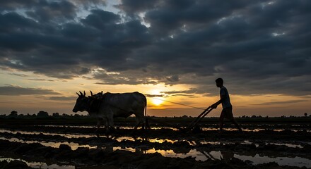 Silhouette of farmer plowing field with oxen at sunset creates peaceful scene