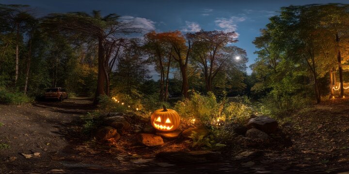 Halloween night 360 degrees pumpkin display forest location hdr panorama viewpoint