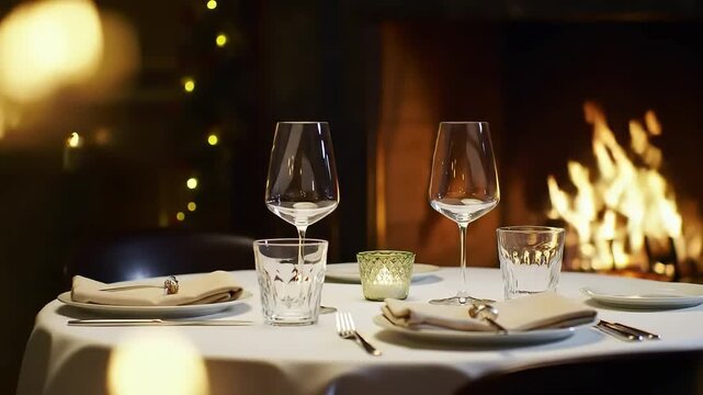 A table setting by a fireplace, featuring two wine glasses, a rocks glass, and candle holders
