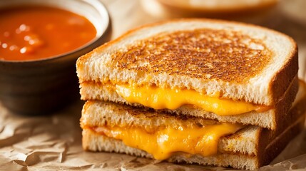Golden Grilled Cheese Sandwich with Melted Cheese and Tomato Soup