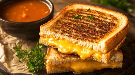 Golden Grilled Cheese Sandwich with Melted Cheese and Tomato Soup