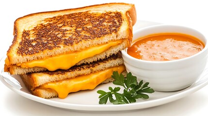 Grilled Cheese Sandwich with Tomato Soup and Fresh Parsley Garnish
