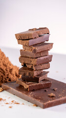 A stack of chocolate bars on top of each other with a pile of chocolate powder in the background