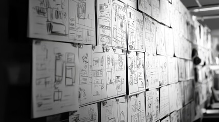 Creative Storyboard Panels Displayed on a Wall for Visual Planning