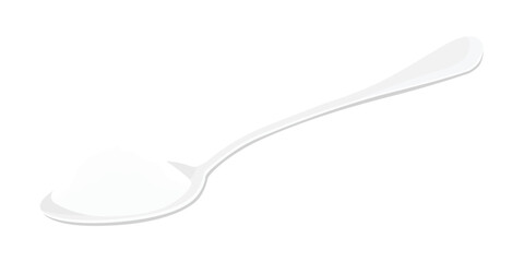 Spoon full with with salt, sugar or sweetener. Teaspoon with powder. Isolated on white background