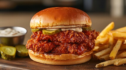 Spicy Chicken Sandwich with Pickles and Fries