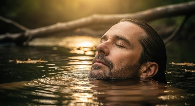 A man with his eyes closed peacefully relaxes in calm water during a golden sunset.