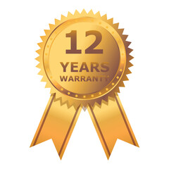 12 Years warranty label, badge, icon, logo. Golden twelve years warranty round sticker, medal with ribbon