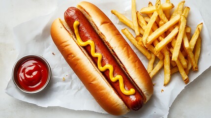 Classic Hot Dog with Mustard Served with French Fries and Ketchup