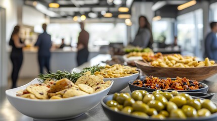 Office Catering Feast: A close-up shot of a well-arranged buffet of assorted delicious snacks with a backdrop of office workers at the social event. A visually appealing experience