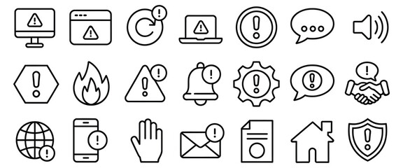 Alert and warning icons set, Error, notification, caution, system alert, security warning, danger, firewall, safety, risk management, exclamation, Line art vector illustration