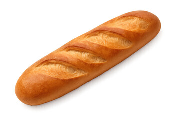 Golden-brown baguette with crisp crust, freshly baked and lying on clean white surface, highlighting artisan bakery texture and warmth