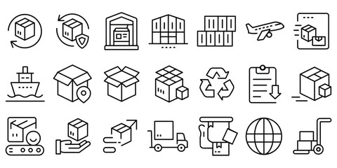 Logistics and delivery icons set, Shipping, warehouse, freight, supply chain, packaging, global transport, courier service, inventory, Line art vector illustration