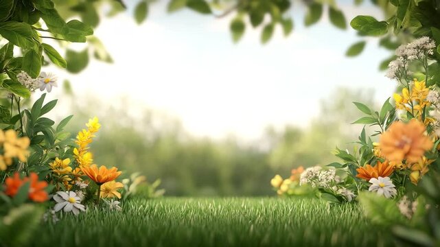 A vibrant summer scene of lush greenery and colorful floral framing a bright sky, evokes a sense of peace and tranquility.