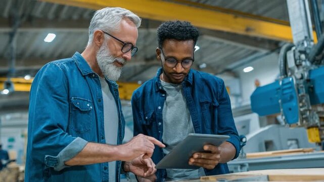 Collaborative Tech: An experienced engineer and a young colleague collaborate over a digital tablet, immersed in a modern, industrial setting, brainstorming a solution.
