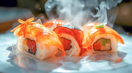 Fresh sushi rolls topped with slices of salmon and red bell pepper, garnished with vegetables, presented on a white plate with decorative smoke for an elegant and appetizing look