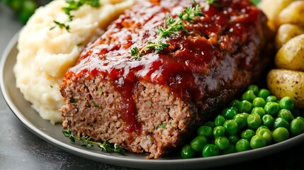 Classic Meatloaf with Mashed Potatoes and Peas
