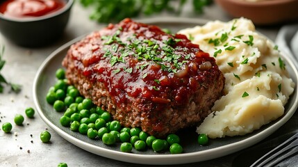 Classic Meatloaf with Mashed Potatoes and Peas on a Plate