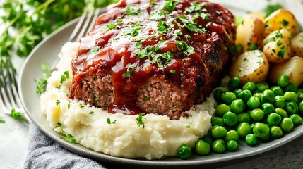 Classic Meatloaf with Mashed Potatoes, Peas, and Baby Potatoes