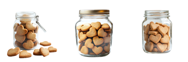 Set of delicious heart-shaped cookies in a glass jar isolated on transparent background PNG