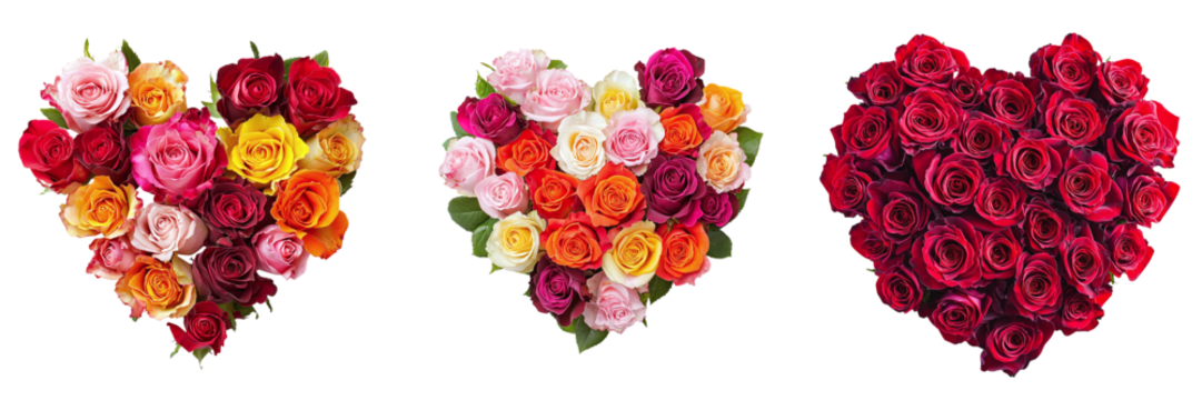 Set of hearts from colorful bouquets of roses isolated on transparent background PNG - Powered by Adobe