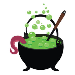Cartoon Halloween witch cauldron, green potion with tentacle in magic pot