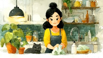 Woman washing dishcloth in kitchen