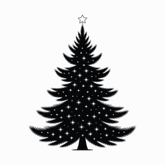 Fototapeta premium Black Christmas tree with star and sparkles black silhouette