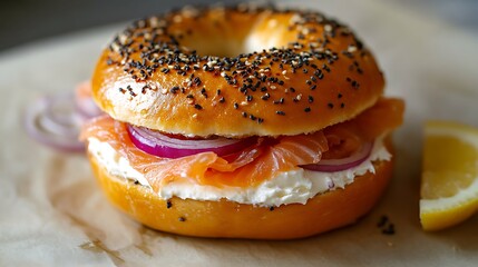 Everything Bagel with Cream Cheese, Smoked Salmon, and Red Onion