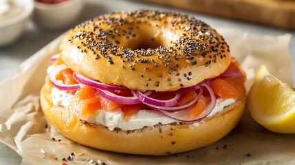 Fresh Bagel with Cream Cheese, Smoked Salmon, and Red Onion Toppings