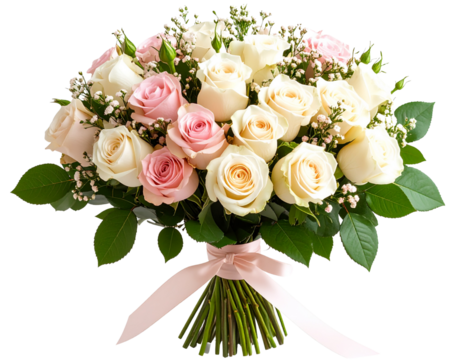 Wedding Bouquet with Roses and Ribbon, Front PNG