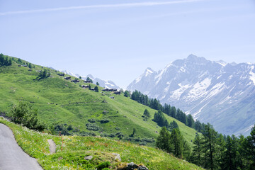 Naklejka premium Scenic view of rural landscape with hiking trail at Lötschental Valley in the Swiss Alps on a sunny late spring day. Photo taken June 19th, 2025, Lötschental, Switzerland.