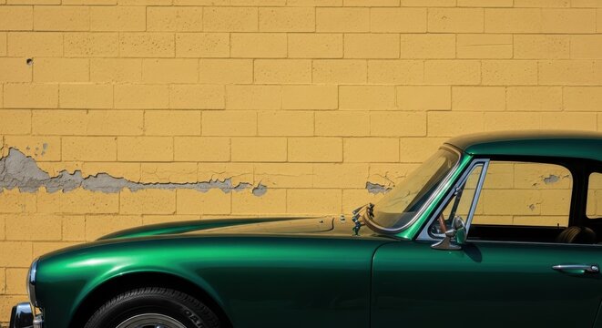 Fototapeta The side profile of a classic green car is parked against a distressed yellow brick wall.