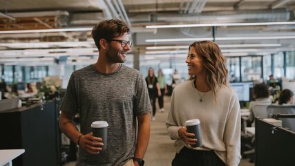 Office Coffee Chat: Two coworkers walk and talk, coffee cups in hand, through a contemporary office space, engaging in a friendly exchange.
