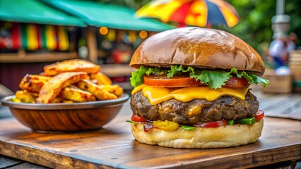 Photo of a classic cheeseburger with a thick beef patty, melted cheese, crisp lettuce, and ripe tomato slices, served with a side of golden french fries