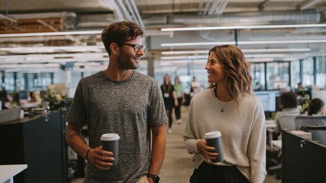 Office Coffee Chat: Two coworkers walk and talk, coffee cups in hand, through a contemporary office space, engaging in a friendly exchange.