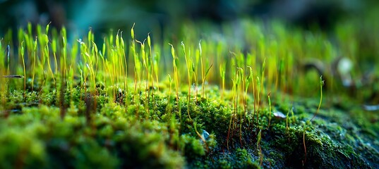 A macro photo of a bright green moss carpet 
